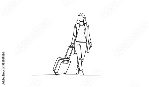 Continuous one line drawing traveler woman walking with suitcase minimalist travel vector illustration