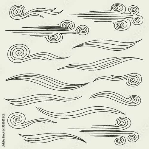 Stylized wind and air current illustrations in a doodle style.