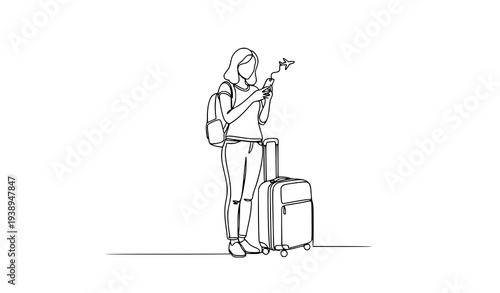 Minimal continuous line art woman traveler standing with luggage tourism vector illustration