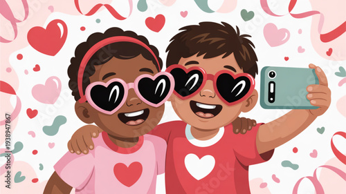 Two happy children in heart shaped sunglasses taking selfie on valentine's day with colorful hearts background