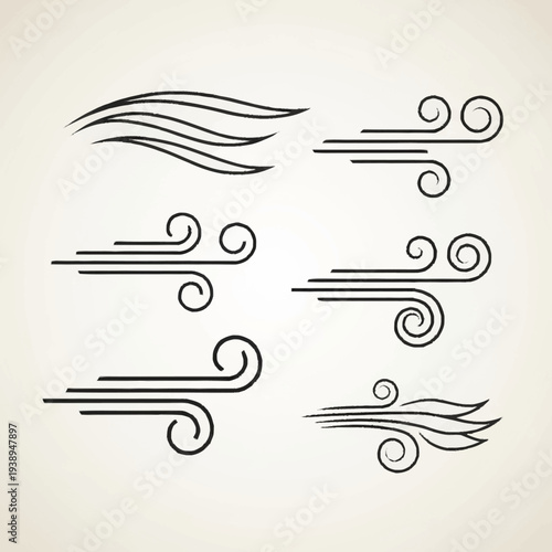 Stylized wind and air current vector elements set.