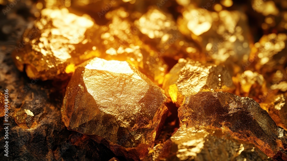 Fototapeta premium Close up macro view of raw gold nuggets with shimmering reflective surfaces representing wealth and precious metal resources.