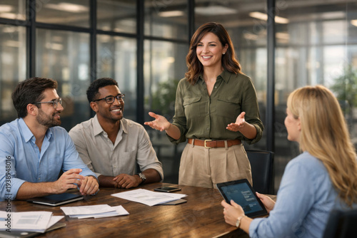 Smiling Businesswoman Leading Meeting with Diverse Team in Modern Office