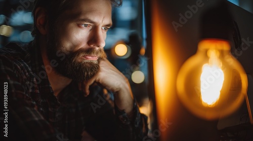 debugging. Programmer working late, focused under warm desk lamp glow in a softly lit dark office. product launch decks, UI/UX mockups, designed for product launches and innovation pitches.