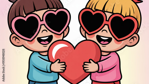 Two cartoon children wearing heart shaped sunglasses holding a red heart together happily