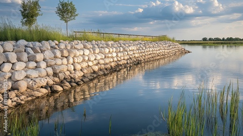 Coastal erosion control project featuring a robust stone wall protecting the shoreline, with clear water and a natural landscape under an overcast sky.