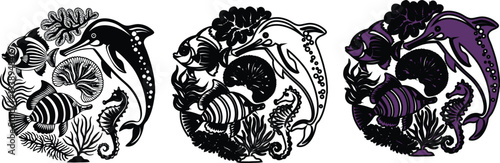 Marine Life Circles: Dolphins Fish Seahorses and Coral Silhouettes Stock Graphic