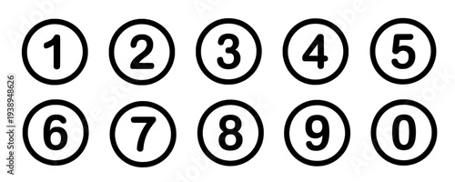 Set of 10 number icons vector, numeric symbols in circles isolated PNG with Transparent Background