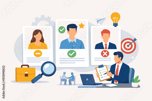Recruitment and Talent Acquisition Process with HR Manager Evaluating Job Candidates, Reviewing Applicant Profiles for Hiring, Career Opportunity, Professional Selection and Employment Concept.