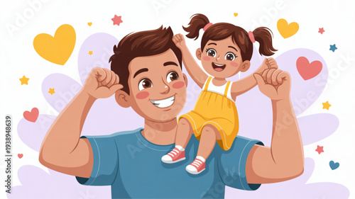 Happy father and little girl enjoying playful moment with hearts and stars around them in colorful illustration