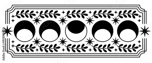 Set of 6 lunar phase icons with stars and leaves vector illustration isolated PNG with Transparent Background