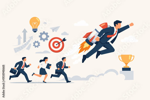 Businessman with Jetpack Flying to Victory and Gold Trophy Leaving Competitors Behind, Concept of Innovation, Competitive Advantage, Creative Business Strategy, Leadership and Fast Career Growth.