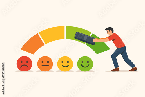 Man pushing a slider on a customer satisfaction gauge with colorful emoji faces from sad to happy, representing feedback, rating, and service quality survey for business evaluation and growth.