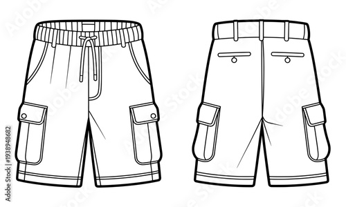 Vector illustration of cargo shorts front and back view, mens fashion clothing isolated PNG with Transparent Background