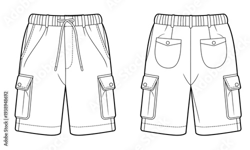 Vector illustration of cargo shorts front and back view, fashion design template isolated PNG with Transparent Background