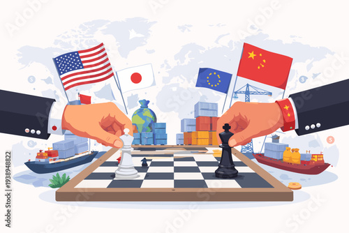 Geopolitics and International Trade Concept with Superpower Nations USA and China Playing Strategic Chess Game over World Map, featuring Japan and EU Flags, Cargo Ships, and Global Logistics.
