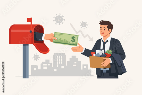 Government Stimulus Check and Financial Aid for Unemployed Citizen During COVID-19 Pandemic Economic Crisis, Man Receiving Money Relief from Mailbox After Job Loss and Layoff Illustration
