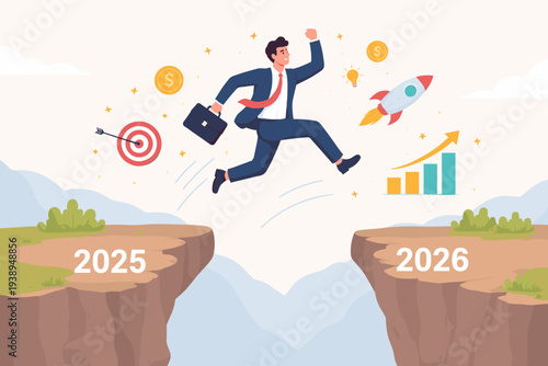 Businessman Jumping from Cliff 2025 to 2026 for Business Success and Growth, Ambitious Entrepreneur Leaping Towards Future Opportunities, New Year Resolution, Financial Progress and Motivation