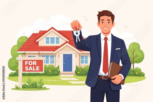 Professional Real Estate Agent Holding Keys in Front of a House for Sale, Realtor Selling Property, New Home Buyer Concept, Mortgage and Investment, Vector Illustration of Residential House Purchase.