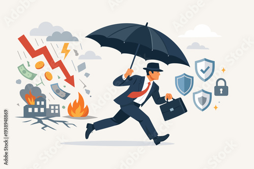 Businessman with Umbrella Protecting Himself from Financial Crisis and Economic Downturn, Vector Illustration of Risk Management, Insurance, Safety, Security, and Business Protection Concept