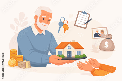 Senior Man Handing House Model to Younger Person Representing Inheritance, Real Estate Legacy, Estate Planning, Financial Wealth Transfer, Retirement Savings, and Family Property Gift Vector.