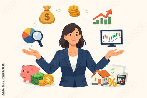 Professional female financial advisor managing diverse investment portfolio with stock market charts, money savings, real estate assets, and wealth growth icons for business success and profit.