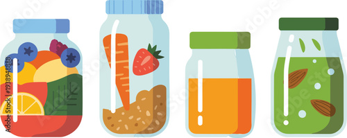 Minimalist line art vector illustration of healthy mason jar breakfasts featuring fruit oats yogurt and fresh green smoothie.
