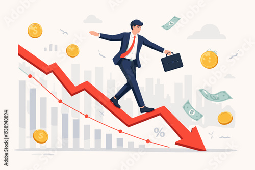 Businessman Walking Down a Red Declining Arrow in a Stock Market Crash and Financial Crisis. Concept of Economic Recession, Short Selling, and Investing in a Bear Market with Falling Money.