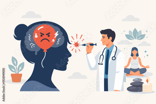 Mental health and stress management concept with a doctor popping an angry balloon in a woman's brain to relieve anxiety and pressure through professional therapy, meditation, and mindfulness.