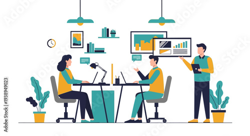 Three Professionals Working Together in Modern Office.