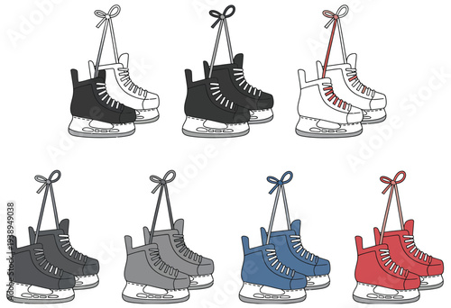 Tied hanging hockey ice skates clipart set, featuring outline, silhouette, and color illustrations for sports graphics, winter sports, and athletic design projects.