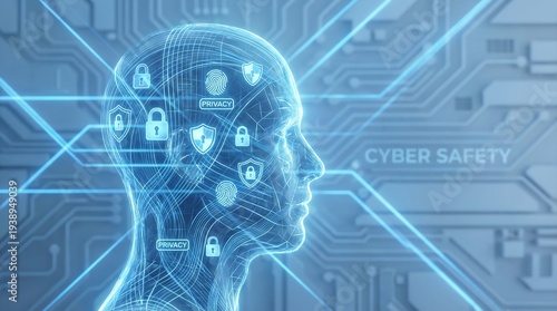 Digital illustration of a human head in profile with glowing blue circuitry and security icons on a cyber safety background with a futuristic mood.