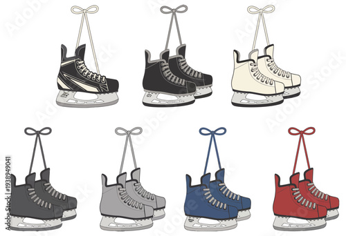 Tied hanging hockey ice skates clipart set, showcasing outline, silhouette, and colorful skate illustrations ideal for hockey team graphics, winter recreation, and vector designs.