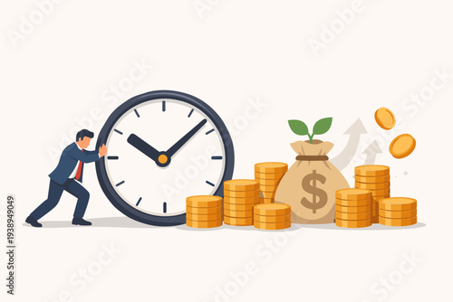 Businessman Pushing Large Clock Towards Money Bag and Gold Coins Representing Time Investment for Long Term Financial Growth, Compound Interest, Retirement Planning, and Wealth Accumulation Concept