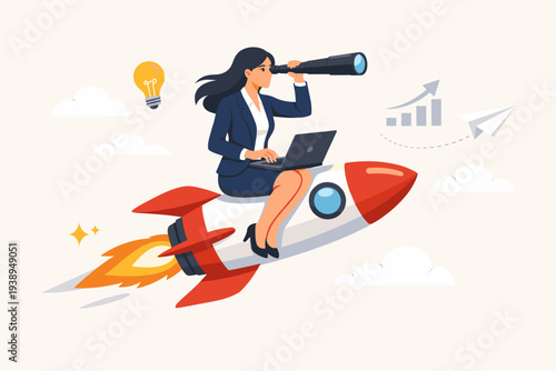 Successful Woman Entrepreneur Launching Startup Business on Rocket with Laptop and Telescope Visualizing Future Growth and Success, Concept of Professional Management, Ambition, and Innovation