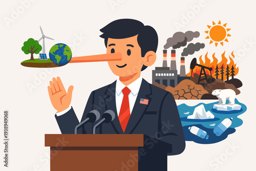Dishonest politician with long nose lying about climate change at a podium, greenwashing with renewable energy symbols while pollution, global warming, and environmental destruction happen behind.