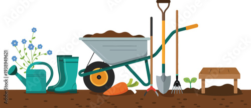 Minimalist line art vector of gardening tools including wheelbarrow shovel rake watering can boots and garden shears set.