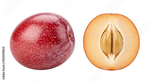 Fresh Red Plum and Cut Plum Isolated
