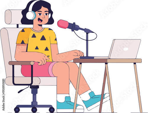 Minimalist thin line vector illustration of a professional woman recording a podcast with microphone headphones and laptop computer.