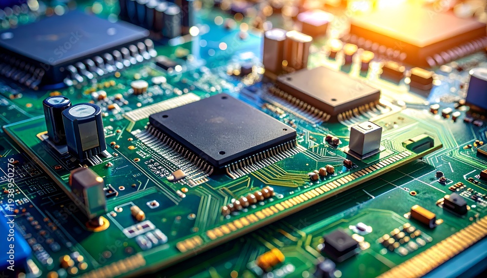 Obraz premium Close-up view of a complex electronic circuit board with microchips