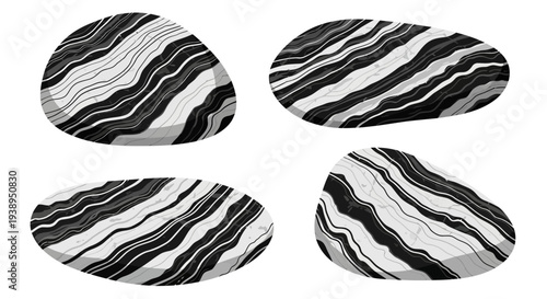 Abstract Agate Slices, Natural Stone Patterns, Black and White, Top View