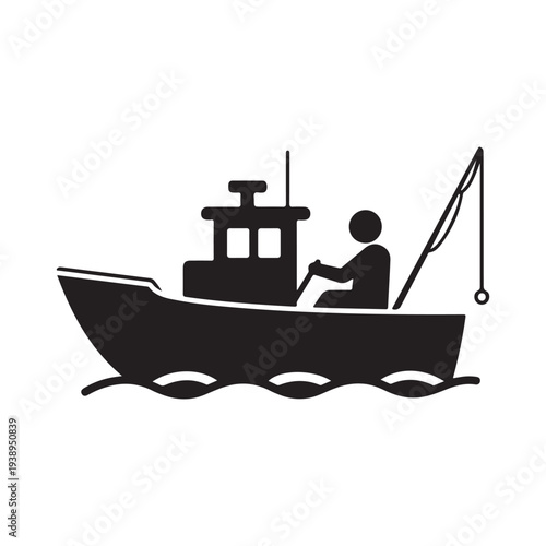 Black silhouette of a man driving a fishing boat on wavy water with a fishing rod