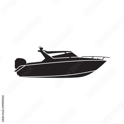 Black silhouette of a motorboat with white lines on a white background