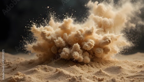 Abstract cloud motion blurred sand background with sandy explosion effect isolated over dark dramatic backdrop