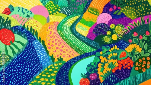 Vibrant Abstract Landscape Painting Featuring Lush Organic Forms and Fresh Produce