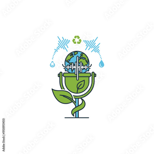Eco-friendly microphone with Earth globe, sound waves, and recycling symbol