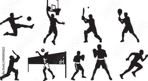 Set of Black Athlete Silhouettes Playing Various Sports: Soccer, Basketball, Cricket, Tennis, Boxing, Running isolated PNG with Transparent Background