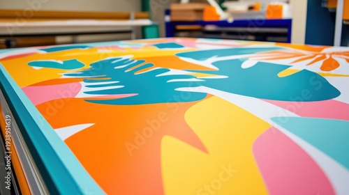 Vibrant modern print material showcasing bold tropical leaf designs in vivid colors