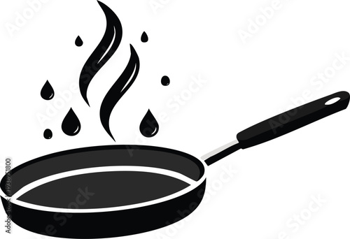 Minimalist black silhouette icon of a frying pan with handle, steam rising and oil droplets 