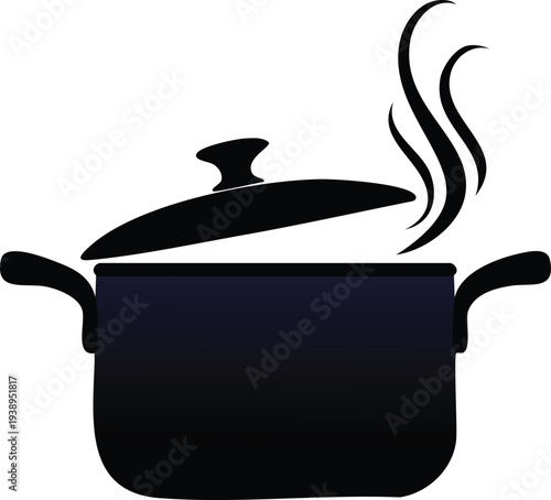 Silhouette icon of a stewpan or saucepan with handle and lid slightly open, steam rising